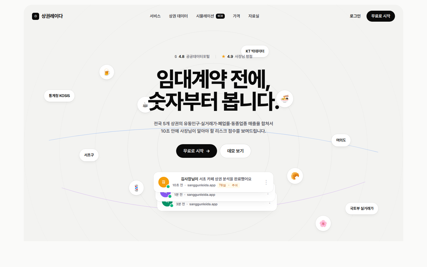 상권레이다 랜딩 페이지 — 임대계약 전에, 숫자부터 봅니다