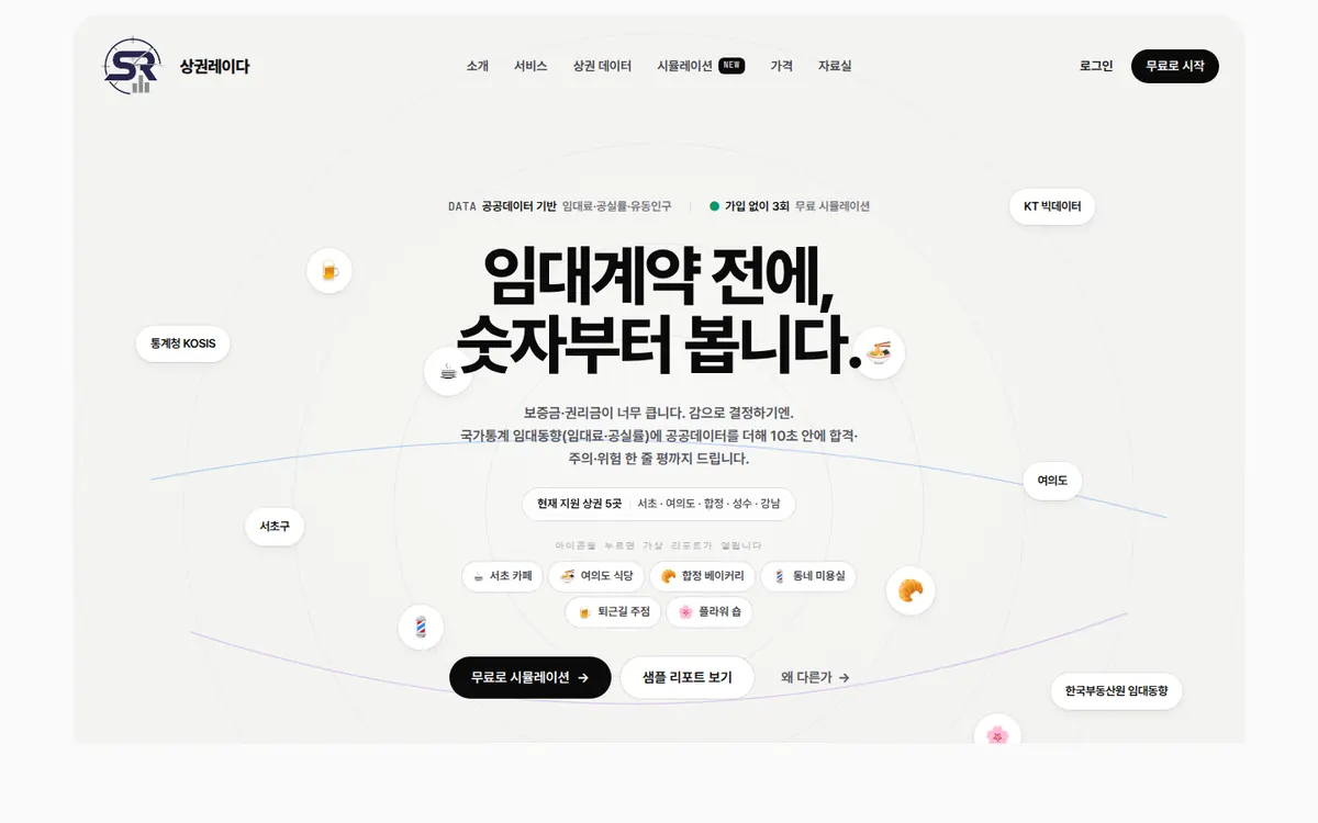 상권레이다 랜딩 페이지 — 임대계약 전에, 숫자부터 봅니다